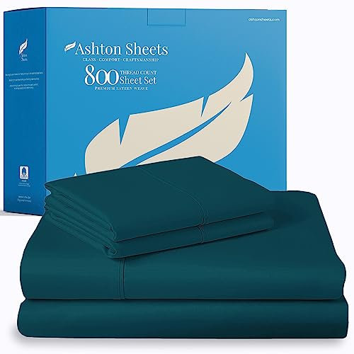 Ashton Sheets Premium 800 Fadenzahl ägyptische Haptik, 100 % Baumwolle, atmungsaktiv, blaugrün, 4-teiliges Bettlaken-Set, einfache Passform, glattes Satingewebe, extra langstapelige Baumwolle