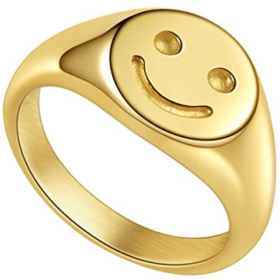 Joliernelle Sigelring Damen Edelstahl Ring Gold Smiley Glückliches Geschenk Größe 62