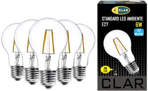 CLAR - E27 LED Vintage Filament Glühbirne, 6W 4000ºK, 60W-40W Äquivalent, Leuchtmittel (5er Pack)