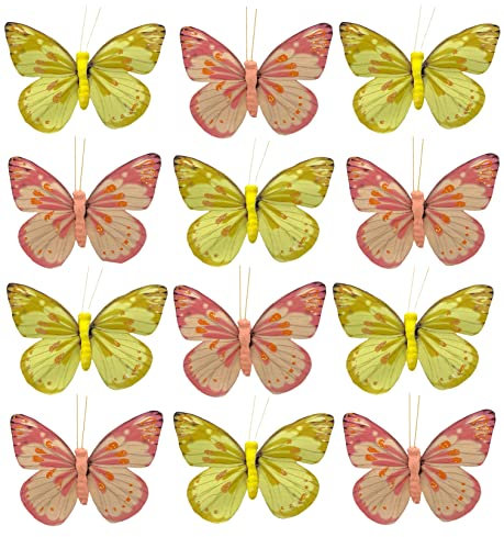 Deko-Schmetterlinge mit Metalldraht zum Stecken und Binden, zur farbenfrohen Dekoration Tischdekoration Blumengesteck Blumenkranz (9 x 7 cm, gelb-orange)