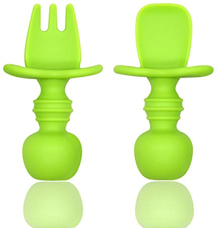 XOPOZON Baby-Löffel – Babygabel, Besteck-Set für Babys, ergonomisches Besteck, fördert Ihr Baby beim Essen, unabhängig, BPA-frei (grün)