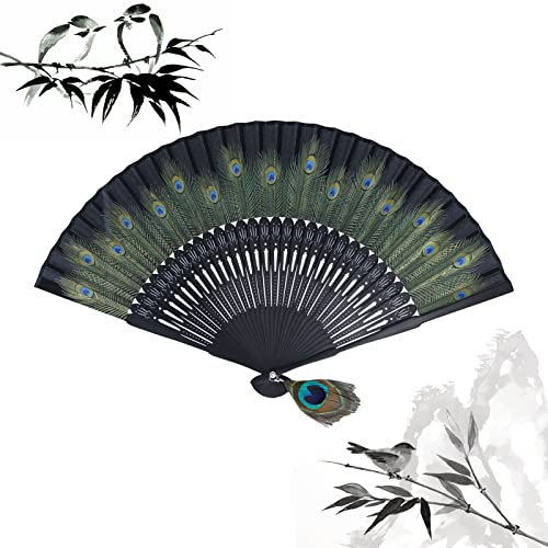 Womens Bamboo Fan Vintage Retro Chinese Janpanese Style Black Bones Beautiful Peacock Pattern Antique Hand Fan for Wedding,Folding Fan, Party Favor, Performance, Dance,Festival, Gift