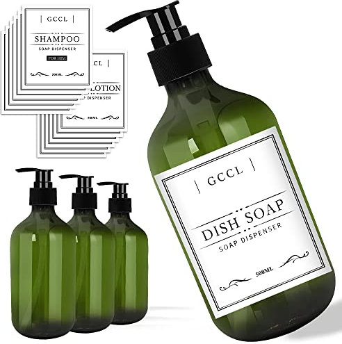 4 Stück 500 ml Seifenspender Flaschen, Leere Plastik Pumpspender für Lotion, Duschgel, Shampoo und Conditioner, Flüssigseifenspender mit Wasserdichten Etiketten für Bad, Küche, Hotel (Grün)
