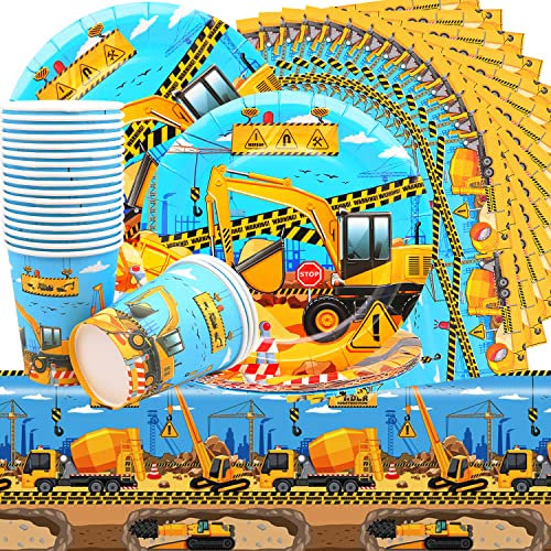 Bagger Geburtstag Geschirr Set, Baustelle Geburtstag Deko Set Einschließlich 20 Dessert-Teller, 20 Becher und 1 Tischdecke für Bagger Geburtstagsdeko Baustelle Jungs Geburtstag Deko