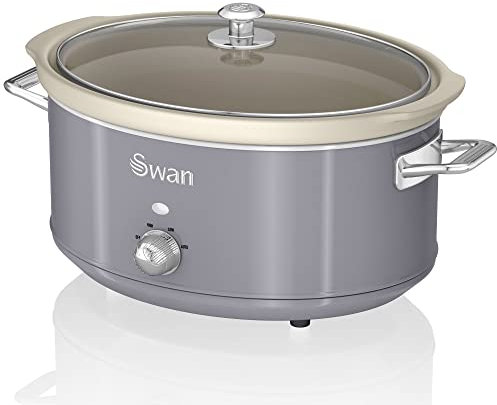 Swan Retro SF17031GRNEU Slow Cooker 6,5L Abnehmbarer Kochbehälter, PFOA- und PTFE-freier Keramischer Antihaft-Behälter, 3 Temperaturstufen, Glasdeckel, Vintage-Design, Grau, 320W