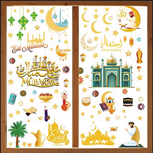 121 Stück Ramadan Fensteraufkleber, Eid Mubarak Fensterbild Set, Ramadan Dekorationen für Zuhause, Stern Laterne Aufkleber, Muslimische Fenstersticker Fensterdeko Selbstklebend Sticker (B)