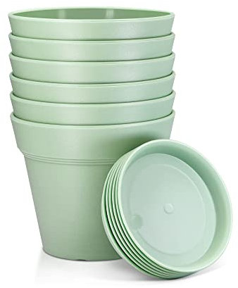 Confezione da 6 vasi per piante in plastica con fori di drenaggio e vassoio, 10,2 cm, per interni, piantine per fiori, viola africana, piante grasse e tutte le piante da appartamento, verde