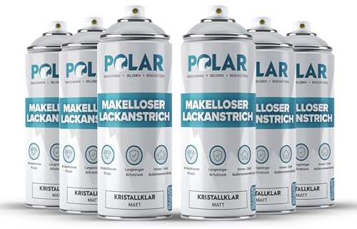 Polar Makelloser Klarlackspray - Matt - 6 x 400ml - Mehrzwecklack, unterschiedliche Materialien - schnell trocknend, haltbar und vergilbungsfrei - fur Kunststoff, Holz und Metall - drinnen/draußen