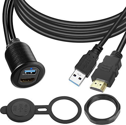 QIANRENON USB3.0 & HDMI Embedded Coche Impermeable Cable USB3.0 & HDMI Macho a Hembra Roscada Fija Montaje Extensión Cable, Luz LED, Aluminio Carcasa, para Salpicadero Coche Barco Moto, 2m/6.5ft