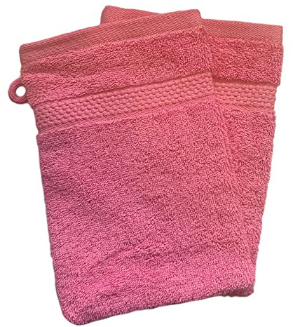 Sue Rossi Face Cloth Wash Mitt Set, 100% Organic Turkish Combed Cotton, 600GSM Thick With Hanging Loop, Size 16cm x 21cm, Flannel Glove Pack Soft & Absorbent (Pink, 2)