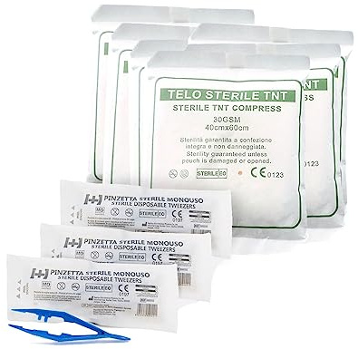 Pharma[+] 3 PINZETTA STERILI MONOUSO in PLASTICA + 10 Telo STERILE MONOUSO in TNT CM 40X60 - Set MEDICAZIONE