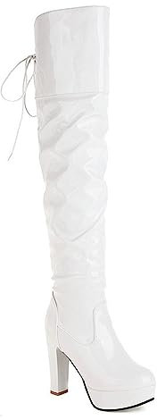 WOkismD Botas por Encima de la Rodilla con Plataforma para Mujer, Botas largas de tacón Grueso con Punta Redonda y Cordones Traseros, Botas Altas hasta el Muslo de Charol,Blanco,39