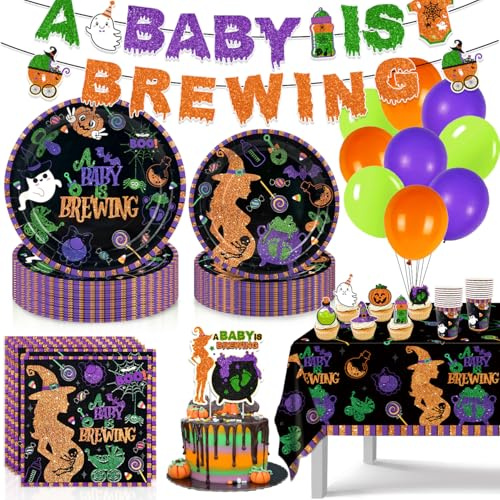 Halloween Baby Shower Decorations- 121 PCS A Baby is Brewing Baby Shower Party Tableware Set Including Halloween Plates, Napkins, Cups and Tablecloth for Boy Girl Gender Reveal Halloween Party