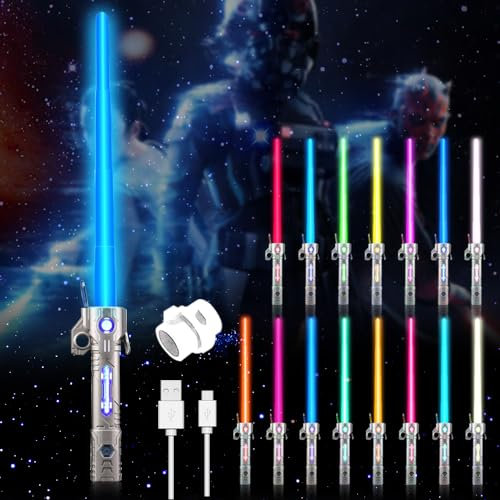 CJBIN Laserschwert Kinder, 15 Farben Star Wars Lichtschwert, Laserschwert Star Wars Led Lightsaber Lichtschwerter Mit Licht Und Sound, 2 In 1 Einziehbares Laserschwert für Kinder(Silberfarbener Griff)