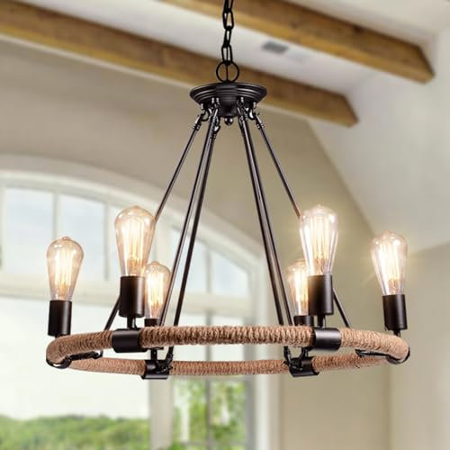 6-Licht-Kronleuchter mit Bauernhaus-Wagenrad, Hängeleuchte mit Hanfseilwicklung, industrielle, runde Vintage-Beleuchtungskörper aus Metall, hängende, moderne Decke für Wohnzimmer, Schlafzimmer