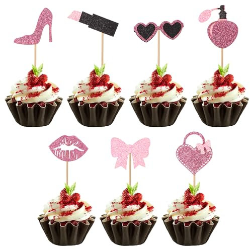 35pcs Princess Cupcake Toppers, Pink Glitter Cupcake Topper Glasses High Heel Handbag Lips Lipstick Perfume Bow Tie Girl Cupcake Picks for Barb Party Wedding Baby Shower Birthday Supplies