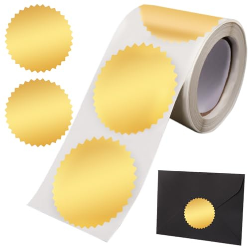 craspire 250 Stück Umschlagsiegel-Aufkleber, Blanko, Goldene Aufkleber, Zertifikats-/Auszeichnungssiegel-Aufkleber, Metallische Aufkleber Mit Gezacktem Rand, 2 runde Etiketten, Goldfolienaufkleber