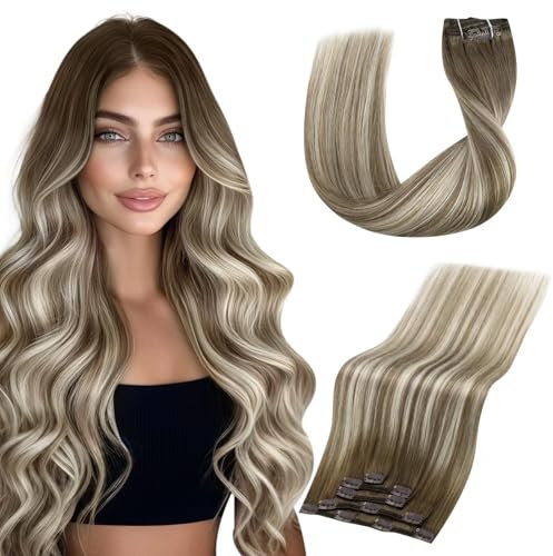 Vivien Echthaar Clip in Extensions Ombre Braun 35cm Unsichtbar Clip Extensions Menschliches Haar Braun Balayage Blond Gerade 5Pcs 80g
