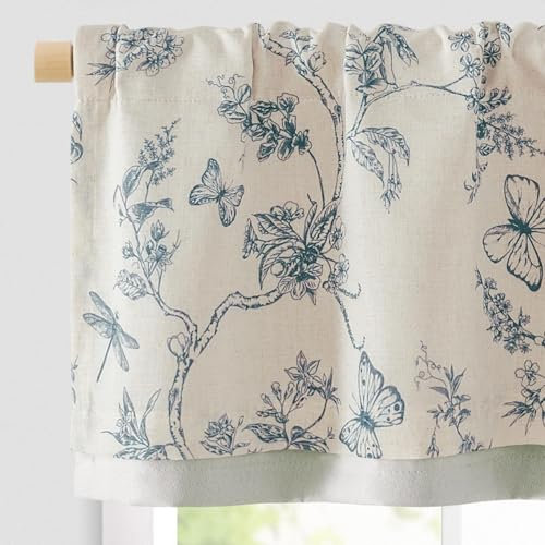 TOPICK Leinen Scheibengardinen Blickdicht Küchengardinen Frühling Landhausstil Gardinen Schmetterling Verdunkelnd Vorhänge Kurz Bistrogardine Volant Fenster 1er Pack Blau auf Beige 40B x 125H(cm)