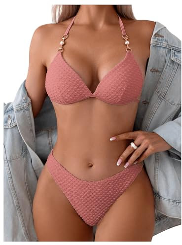 GORGLITTER Bikini Damen Set Mit Ketten Neckholder Bikini Set Triangel Bikini Sexy Zweiteiliger Badeanzug Mit Perlen Bademode Grau-Rosa L