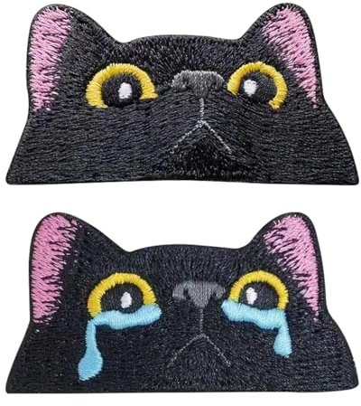 2 Cat Embroidery Cloth Patches, Cat Patches On Clothes, Black Denim Iron-On Patches, Cat Face Patches, Cat Cloth Patches