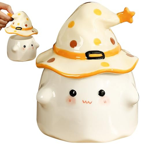 Taza de fantasma de Halloween, linda taza de café fantasma con tapa de sombrero de bruja y asa, taza de fantasma de cerámica, tazas de Halloween para decoración del hogar, oficina, regalo de inaugurac