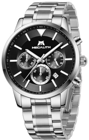 MEGALITH Chronograph Uhren Herren Gold: Edelstahl Armbanduhr Herren Wasserdicht Silber - Analog Herren Uhr mit Kalender