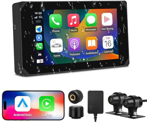 VSYSTO CS5 Motorrad Carplay Bildschirm, Kabelloses CarPlay und Android Auto, 5 Zoll Wasserdichtem Touchscreen für Motorrad mit 1080P Doppeltes Kameras, Bluetooth, GPS Navigation, Sprachassistent, TPMS
