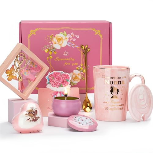 Regalo Día De Regalo Abuela, Regalo Abuela Cumpleaños, Regalos De Abuela Set, Taza de Cerámica de Mármol, Vela Aromática, Llavero Letra N, Bola de Baño, Cuchara, Tarjeta, Caja de Regalo