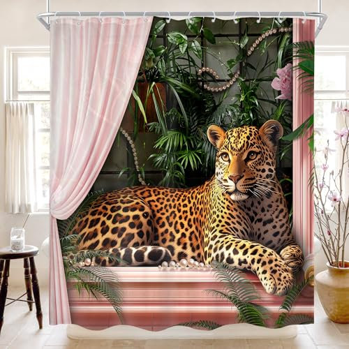 Cinbloo Rideau de Douche 183 x 183 cm (l x H) avec 12 Crochets Motif léopard Rose