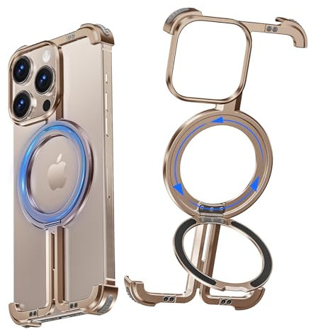 NIFBANG for iPhone 16 Pro Frameless Bumper Case with Kickstand,360° Rotatable Magnetic Ring Stand, Minimalist Metal Bezel Less Protective Shock Grade Phone Cover for iPhone 16 Pro,Desert Titanium