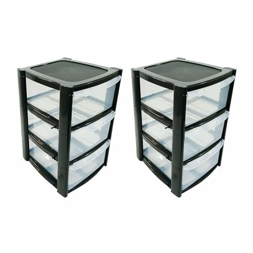 3 Tier Mini Plastic Storage Drawers (Pack of 2) | Home, Kitchen, Bathroom Space Saving Plastic Cabinet Drawer Organiser for Small Items | Storage Chest Drawers | (26.5X19.3X30.5CM) RelianceUK (3 Tier)