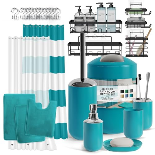 Clara Clark Bathroom Set - 28PC Bathroom Set with Adhesive Corner Shower Caddy Hanging, Bathroom Sets with Shower Curtain and Rugs, Teal Shower Curtain Set with Bathroom Trash Can