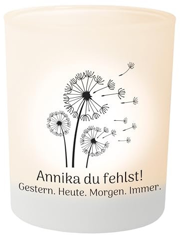 Personalisierter Teelichthalter Pusteblume – Teelichtglas, Gedenklicht für Verstorbene, Geschenk für Trauernde - Trauerlicht personalisiert mit Wunschtext