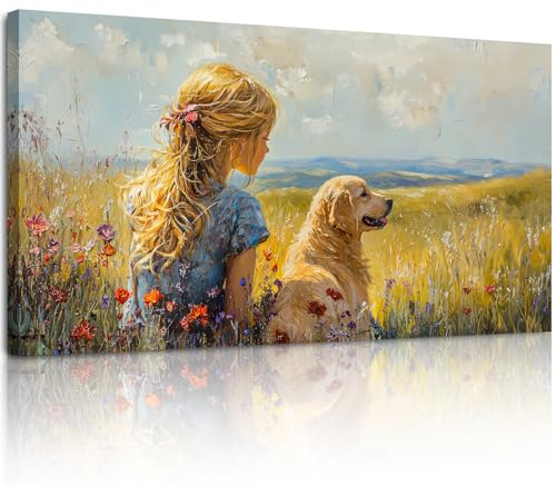 MHARTK66 Landschaft Leinwand Bilder, 73x146 cm XXL Wandbilder Wohnzimmer Bild Aesthetic, Mädchen und Hund Wanddeko Kunstdruck Schlafzimmer Esszimmer kinderzimmer Flur Küche