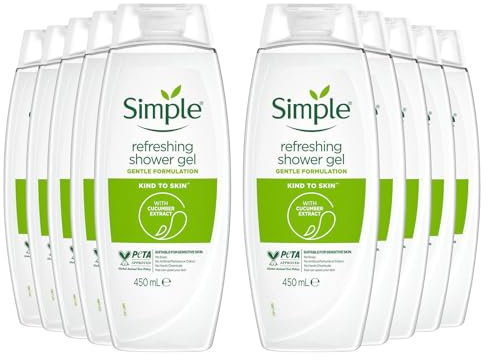 Simple Kind to Skin Refreshing Shower Gel, Pack of 10, Body Wash with Cucumber Extracts and Pro-Vitamin B5 Dermatologically Tested for Sensitive Skin, 450 ml