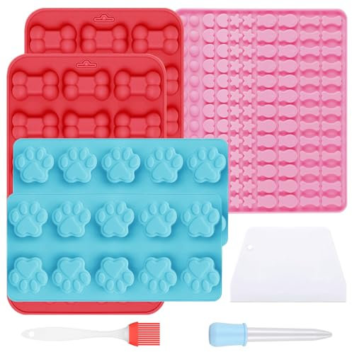 MSLHUB 5 Stück Silikon Backmatte Hundekekse, 5 Formen in 1 Mini Hundekekse Backform, Silikon Backmatten für Hundeleckerlies Hundeknochen Backform mit Teigschaber für DIY Hundekekse und Leckerlis