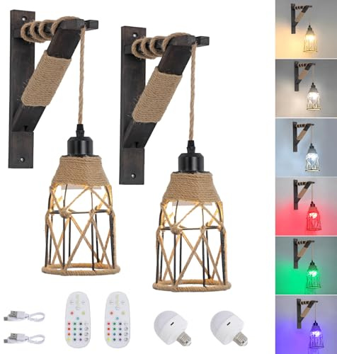 SEEBLEN Battery Operated Wall Sconce Set of Two, 12 RGB Colors Wireless Rechargeable Wall Light with Remote Control, Dimmable Farmhouse Wood Wall Lamp for Bedroom Living Room.