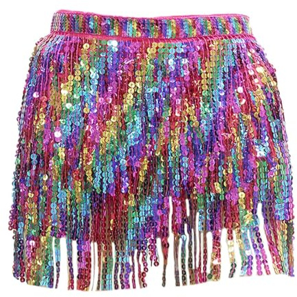 Jupe franges et sequins pour femme, Jupes foulard franges scintillantes pour danse orientale, Mini jupe portefeuille arc-en-ciel à 4 couches de franges for festival, danse, spectacle, rave, ceintures
