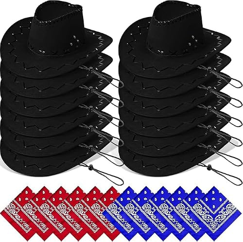 SWHCM 24 Stück Cowboyhüte mit Halstuch – Western Cowboyhut Set für Kostüm und Mottoparty (Schwarz)