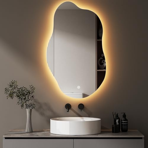 Hopibath Badezimmerspiegel Led Badspiegel, Asymmetrisch, Touch-Schalter, Dimmbar, 3 Lichtfarbe Einstellbare Spiegel Bad mit Beleuchtung, Organischer Wandspiegel, 62x90 cm