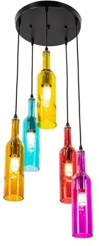 Akuoyiexemye Vintage-Weinflaschen-Kronleuchter mit 5×E27 Fassungen, Glas-Pendelleuchte Deckenleuchte120cm Höheneinstellbar für Wohnzimmer Küchen (Rund)