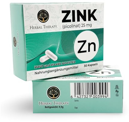 Herbal Therapy Zink Picolinat 25 mg | Kapseln zur Stärkung des Immunsystems | Hochwirksame Form für beste Bioverfügbarkeit | Für Haut, Haare & Nägel | 30 Kapseln