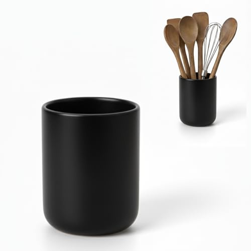 Küchenutensilienhalter Keramik Groß und Stabil, 11x15 cm, Schwarz | Serie CURVE, Aufbewahrung für Kochlöffel, Pfannenwender und Küchenhelfer, mattes Design