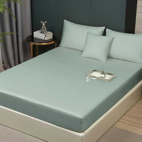 DXHOME 120x200 Spannbettlaken Baumwolle Grün Salbeigrün Spannbetttuch Set Lyocell Seide Boxspringbett 100% Baumwolle Bettlaken Spannbetttuch Leintuch 120 x 200 für Hohe Matratze bis 25-30 cm