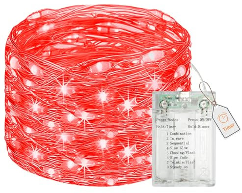 btfarm 5M 50 LED Lichterkette Batterie mit Timer Rot, Mini Valentinstag Lichterketten Innen Dimmbar 8 Modi, Wasserdicht Draht Lichterkette Batteriebetrieben USB-Anschluss für Weihnachten Party Zimmer
