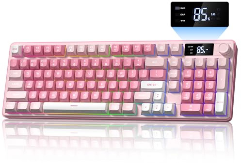 Keymatic Tastiera da gioco Wireless Creamy Keyboard con manopola multimediale e schermo Tastiera carina Sensazione meccanica con tastierino numerico Retroilluminato RGB Tri-Mode BT/2.4GHz/USB-C - Rosa