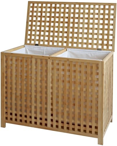 CLP Wäschebox für Schmutzwäsche 2 Fächer Dorothea, Wäschesammler Holz Wäschesäcke waschbar herausnehmbar, Bambusrahmen für Badezimmer, Farbe:natur