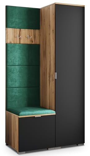 Masseno Flugarderoben Set Lori, Kleiderschrank-Set mit Sitzbank, Garderobenschrank Flur mit 3 Regalböden, Eiche Wotan/Schwarz
