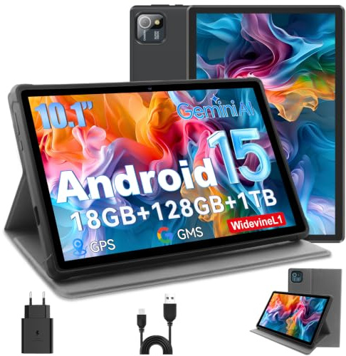 Hasskya 10 Zoll Tablet Android 15 mit Schutzhülle, Octa-Core, 6000 mAh | 18 GB RAM + 128 GB ROM+1 TB Erweiterbar, 1280 x 800, 5 MP + 8 MP , GPS, Widevine L1, GMS, Wi-Fi 6, BT 5.2, Schwarz